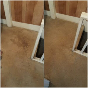 Before and after view of a brown carpet, showing stains near a railing removed by Heaven's Best Carpet Cleaning Hilton Head Island SC.