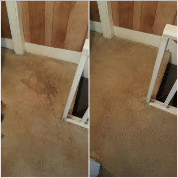 Before and after view of a brown carpet, showing stains near a railing removed by Heaven's Best Carpet Cleaning Hilton Head Island SC.