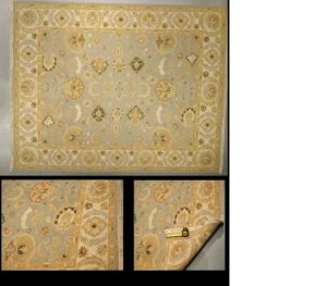 A brown patterned area rug with detailed close-ups, showcasing inventory at Ebie's Rug Cache & Ebie's Rug Cleaning in Tucson, AZ