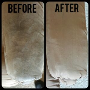 Before and after cleaning of a brown upholstered couch armrest by Troy West Carpet Cleaning in Morristown, VT.
