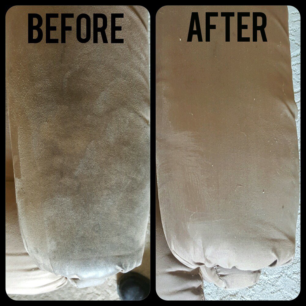 Before and after cleaning of a brown upholstered couch armrest by Troy West Carpet Cleaning in Morristown, VT.