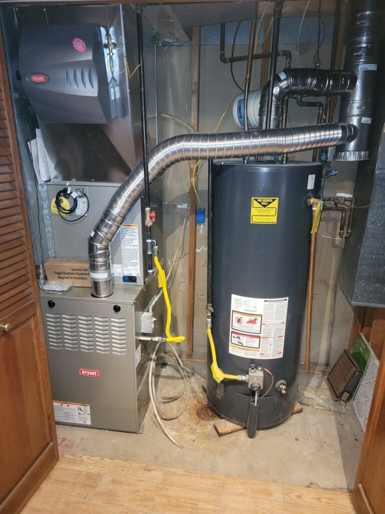 A Bryant HVAC furnace and water heater system installed by Carter HVAC & Service in Seagrove, NC.