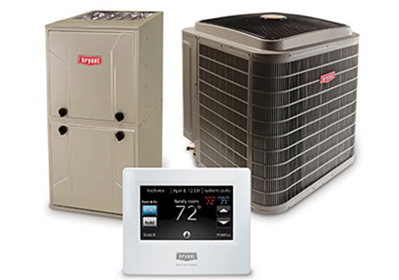 A complete Bryant HVAC system: outdoor unit, indoor furnace, and smart thermostat from Gahanna Heating & Cooling, Columbus, OH.