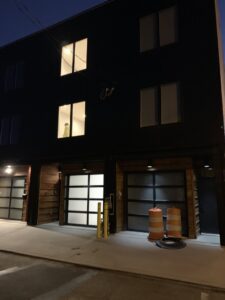 Exterior and interior lighting installation on a modern building completed by Moss Contracting in Philadelphia, PA.
