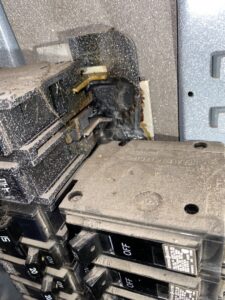A close-up of a severely burnt and melted circuit breaker connection inside an electrical panel, a critical repair for AA Electric Contractors in Chicago, IL.