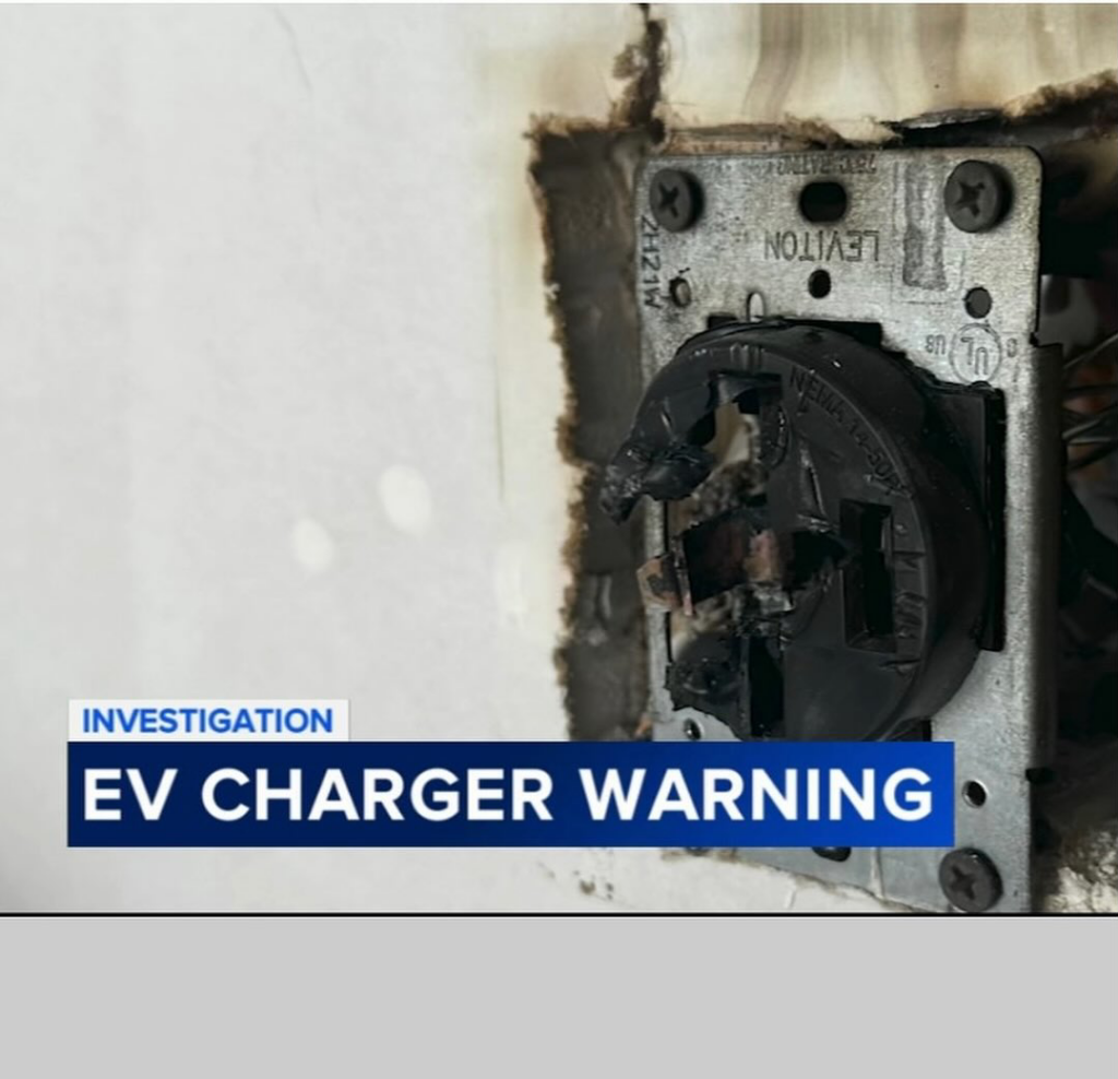 A burnt electrical outlet with an EV charger warning, indicating a repair job for Thundercolt Electric in San Antonio, TX.