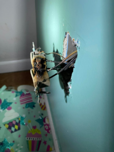 A burnt electrical outlet and wiring pulled from a wall, indicating a repair job by CJ Lighting Solution LLC in Greensboro, NC.