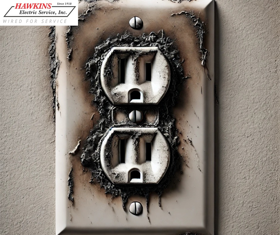 A close-up of a burnt electrical outlet needing repair by Hawkins Electric Service, Inc. in Laurel, MD.