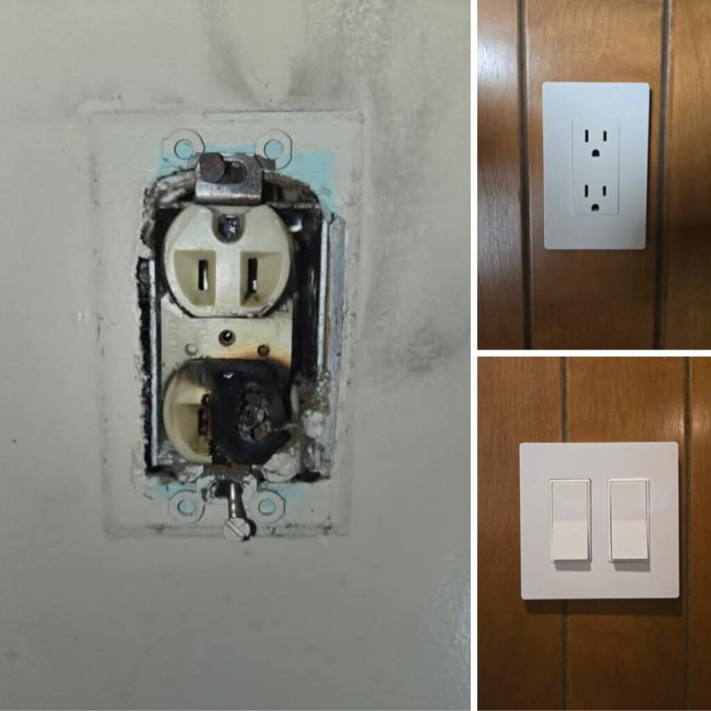A collage showing a burnt electrical outlet replaced with new, safe outlets and switches by Grounded Electric LLC in Smithfield, VA.