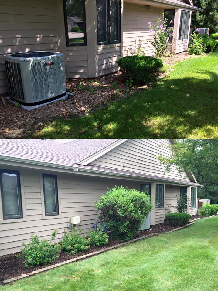 Before and after photos showing professional bush trimming, weeding, and mulching services by Fili's Lawn Care LLC in Kenosha, WI.