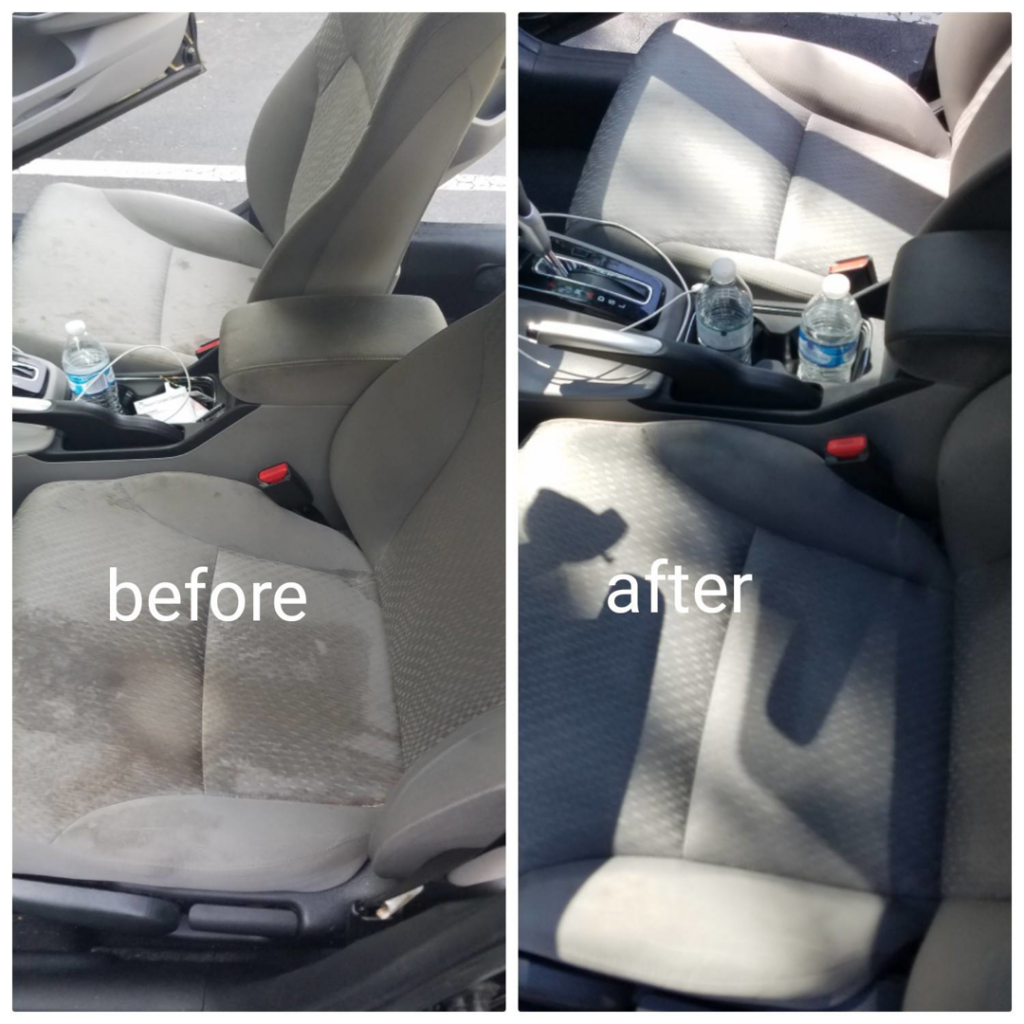 Before and after of car headliner upholstery cleaning by Peach Carpet Cleaning in Roswell, GA.