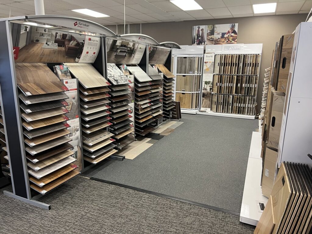 A showroom display featuring various carpet and flooring samples at Mozak's Floors & More in Yankton, SD