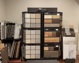 A showroom display featuring various carpet and flooring samples at Thurmon's Flooring in Spring Hill, TN.