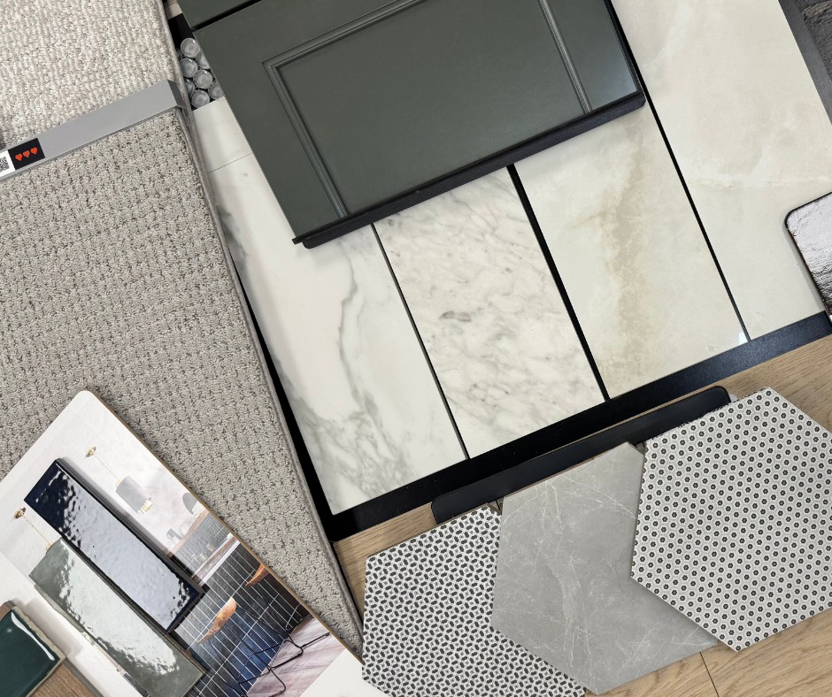 A flat lay of various carpet and flooring samples for selection at Westcraft Flooring in Denver, CO.