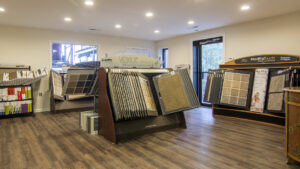 A showroom displaying various carpet and flooring samples at Get Steamed Carpet Cleaning, Inc. in North Charleston, SC.
