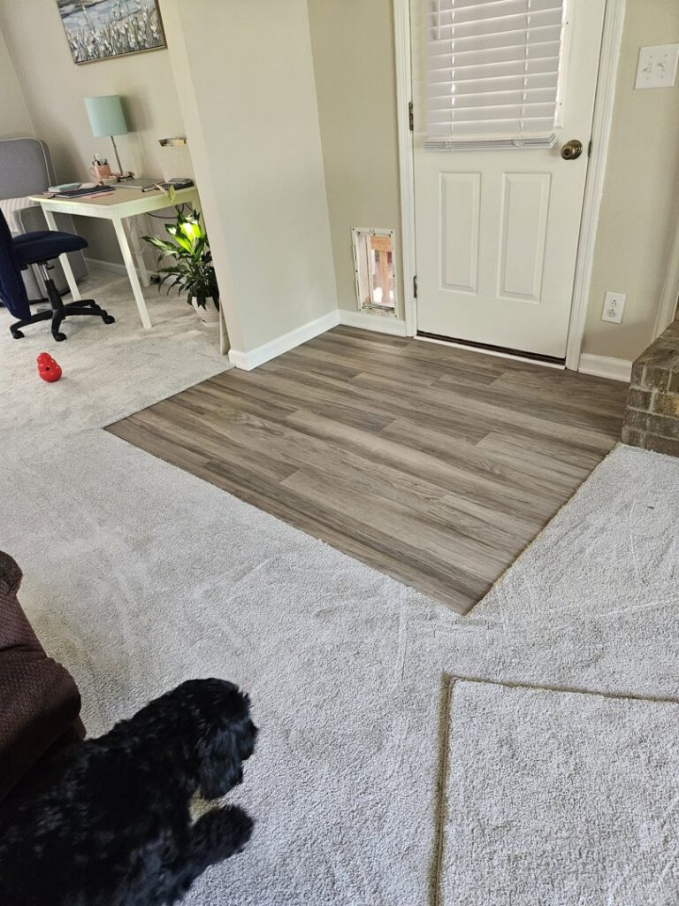 A room showcasing a transition from carpet to wood-look laminate flooring installed by Faith and Grace Flooring in Murfreesboro, TN.