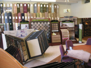 Interior view of the carpet and rug showroom with various displays at Zakian Rug Cleaning in Philadelphia, PA