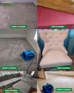 A collage showing carpet and sofa cleaning services provided by Horizon Floor Care in Colonia, NJ