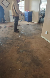A carpet cleaner spraying a pre-treatment solution onto a dirty carpet during a job by A Fresh Look Carpet Cleaning in West Jordan, UT.