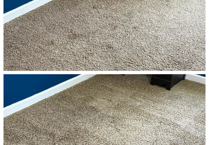 Before and after comparison of a professionally cleaned carpet by A-Team Carpet Care in Chesapeake, VA.