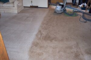 A carpet being cleaned, showing a clear before and after section of the work by Chem-Dry of Sioux Falls in Sioux Falls, SD.