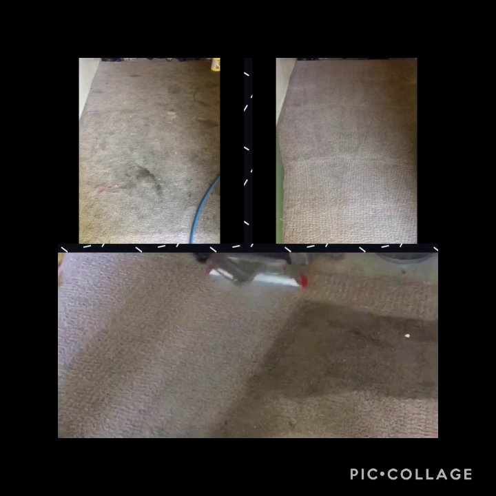 A collage showing before and after results of carpet cleaning, with a cleaning tool in action, by Alex's Janitorial and Carpet Cleaning in Bakersfield, CA