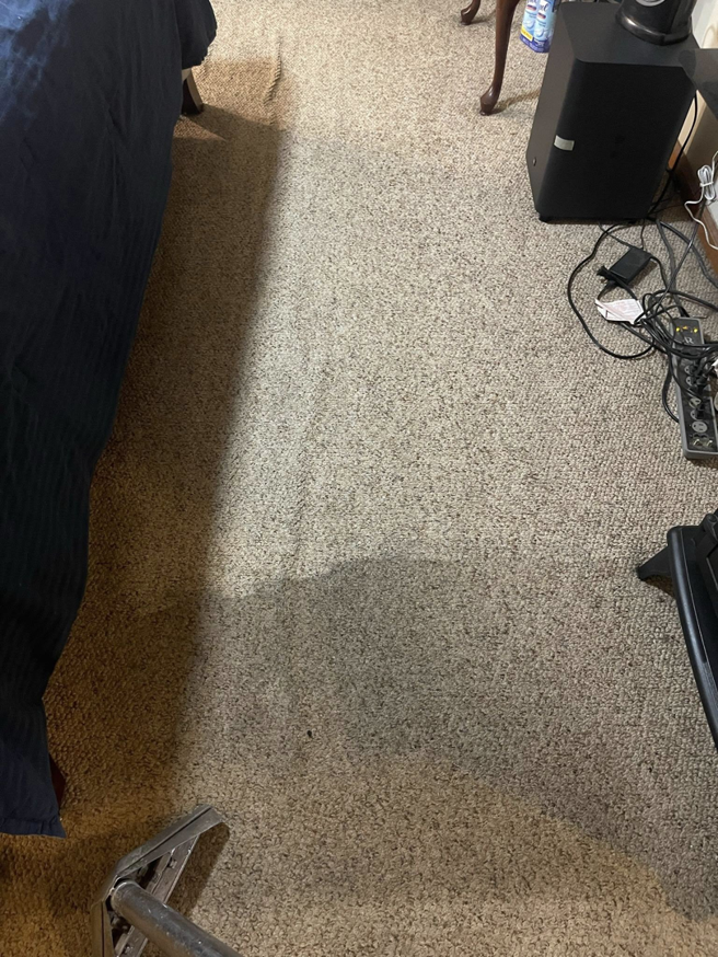 A carpeted floor showing a clear before and after comparison of a professional cleaning service by Capital City Floor Care LLC in Columbus, OH.