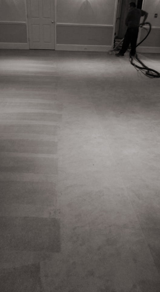 A black and white photo showing a carpet cleaning job in progress, highlighting the before and after difference by Chichi Carpet Cleaning in High Point, NC