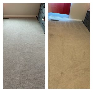 A before and after comparison of a grey carpet, showing significant improvement after cleaning by Green Dragon Carpet & Upholstery Cleaning LLC in Boise, ID.