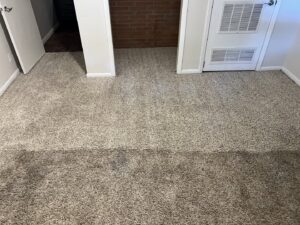 A before and after comparison of a carpet cleaning job by Master Clean Carpet Care in Casper, WY