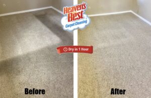 Before and after of a carpet cleaning job, highlighting the "Dry in 1 Hour" service by Heaven's Best Carpet Cleaning of Rio Rancho ABQ.