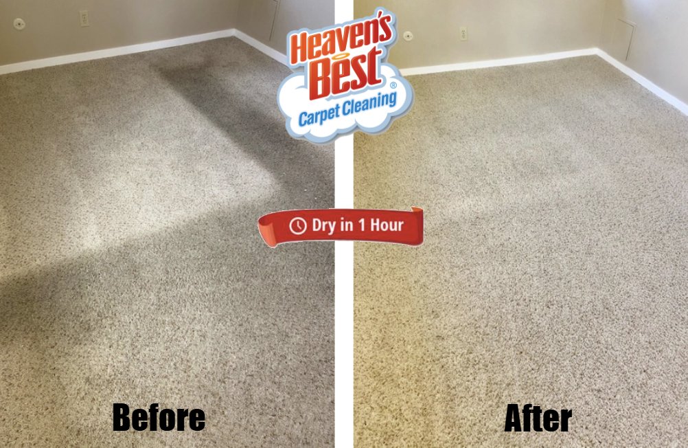 Before and after of a carpet cleaning job, highlighting the "Dry in 1 Hour" service by Heaven's Best Carpet Cleaning of Rio Rancho ABQ.