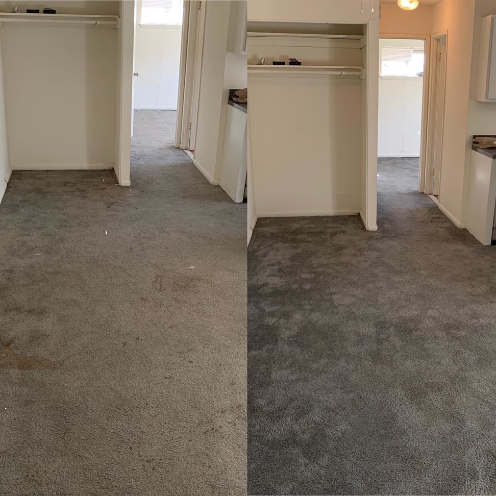 Before and after view of a grey carpet cleaning service by Dyenasty Carpet in Baltimore, MD, showing significant improvement.