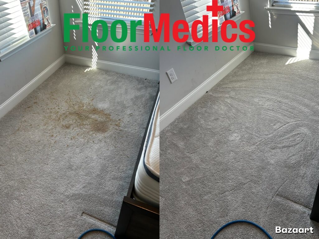 Before and after view of a stained carpet professionally cleaned by Floor Medics in Huntsville, AL