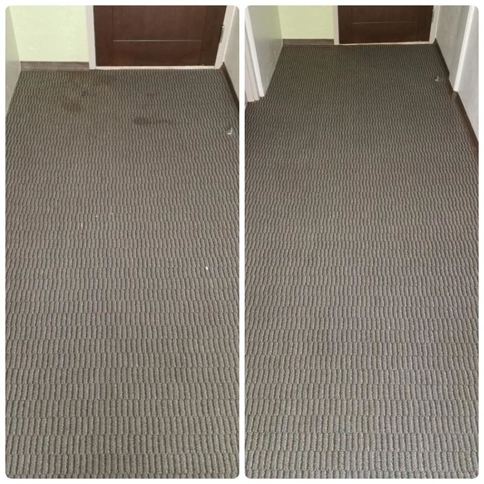 Before and after comparison of a clean carpeted hallway by Gold Star Cleaning LLC in Rock Falls, IL