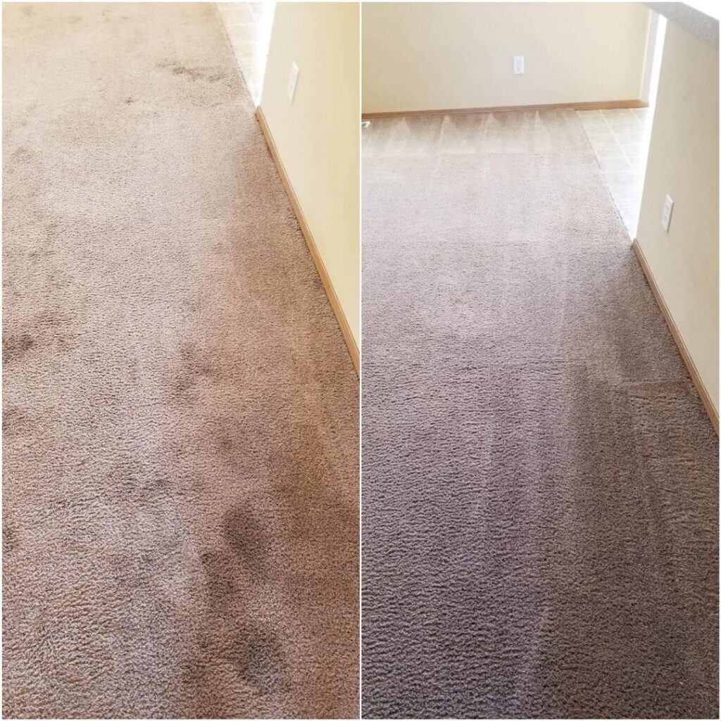 Before and after comparison of a carpeted hallway cleaned by Maxi-Max Carpet Cleaning in Salem, OR