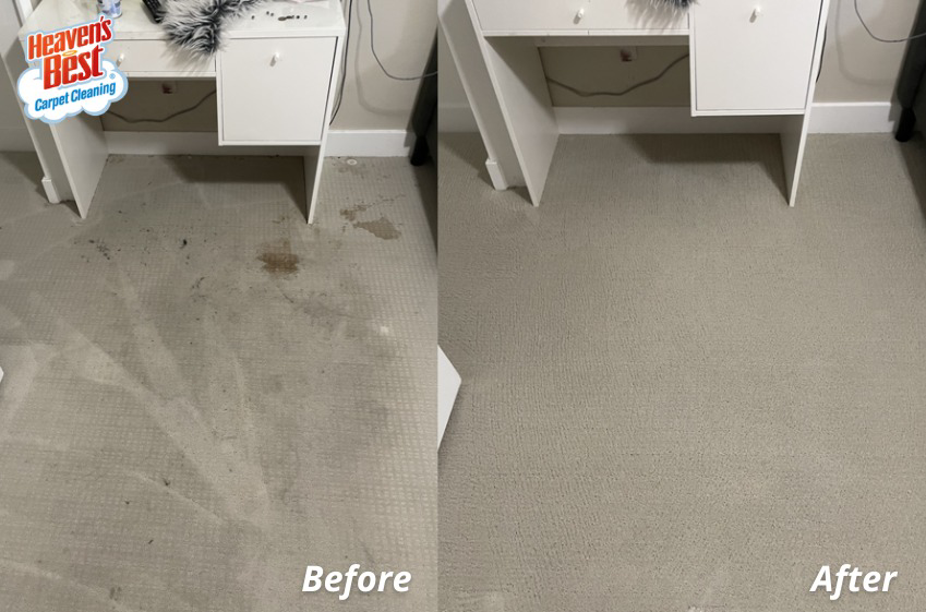 Before and after photo of a dirty carpet cleaned by Heaven's Best Carpet Cleaning of Northwest San Antonio, TX
