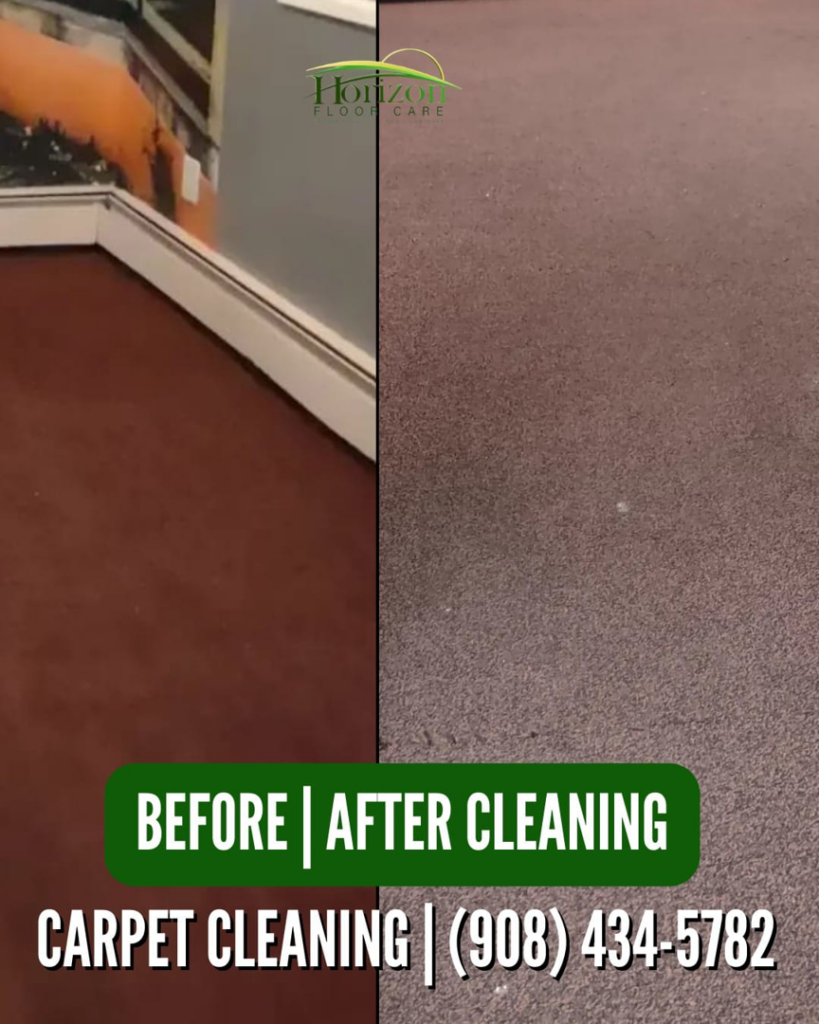 Before and after cleaning of a reddish-brown carpet by Horizon Floor Care in Colonia, NJ