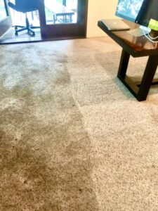 A carpet showing a clear before and after cleaning section by Imperial Carpet Cleaning in San Diego, CA.