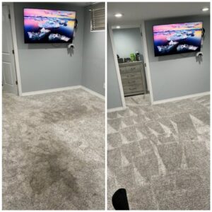 Before and after comparison of a carpet cleaning job, showing a dirty carpet transformed by Leo's Carpet Cleaning in Omaha, NE