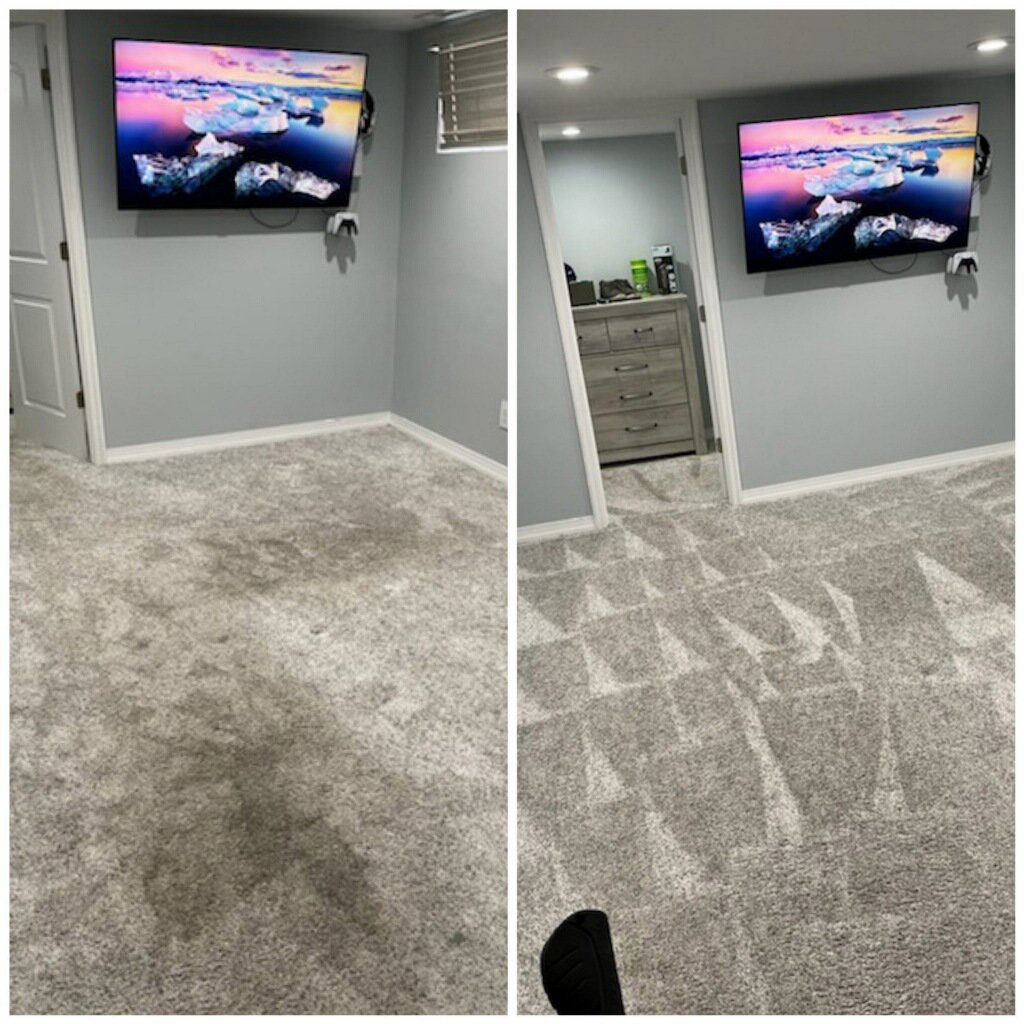 Before and after comparison of a carpet cleaning job, showing a dirty carpet transformed by Leo's Carpet Cleaning in Omaha, NE