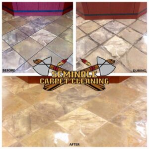 Before and after comparison of a living room carpet cleaning job by Seminole Carpet Cleaning in Tallahassee, FL