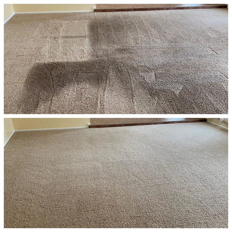 Before and after comparison of a professionally cleaned carpet by Soft N Dry in Tucson, AZ, showing significant improvement.