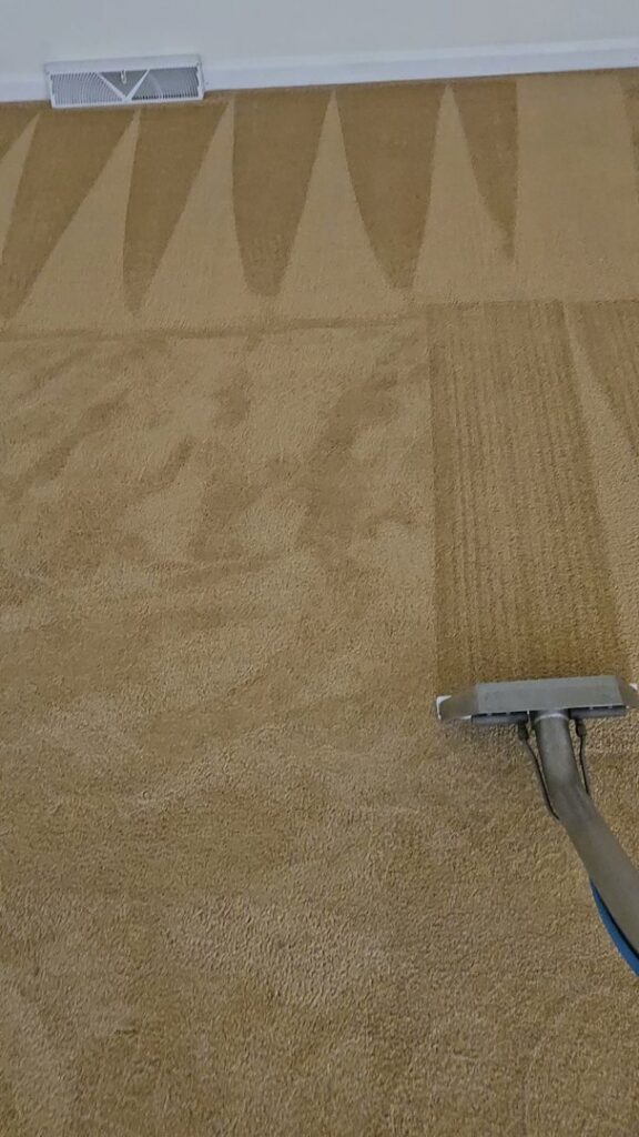 A carpet cleaning tool showing a clear before and after section on a brown carpet by Clean Technologies, LLC in Middletown, PA.
