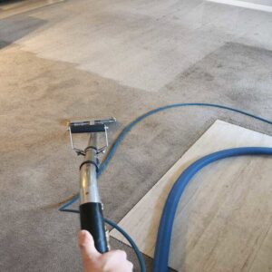 A carpet being cleaned, showing a clear before and after difference, by LNC Steam Cleaning in Owasso, OK.