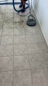 Collage of carpet cleaning before/after results and a technician at Triple J Carpet Cleaning in North Las Vegas, NV.