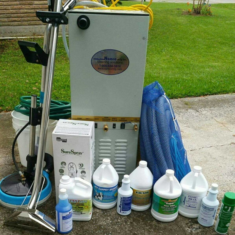 Professional carpet cleaning equipment and solutions displayed by Dr. Scrub Carpet Cleaning in Houston, TX