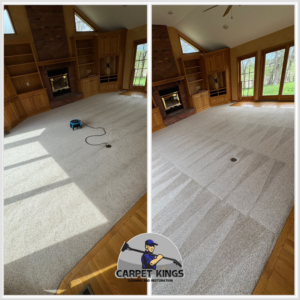 Before and after view of a carpet cleaning job with equipment by Carpet Kings Cleaning & Restoration in Olathe, KS.