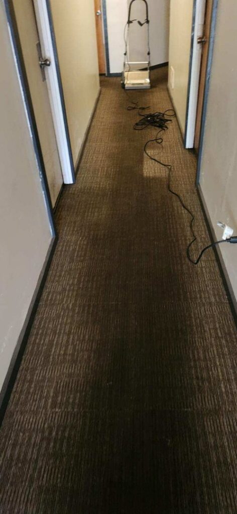 Carpet cleaning equipment and hoses in a hallway, showing professional carpet cleaning by BEST Professionals Cleaning, LLC in Lancaster, PA