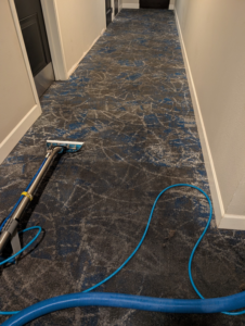 Carpet cleaning equipment and hose on a patterned hallway carpet by Premier Carpet Cleaning in Colorado Springs, CO.